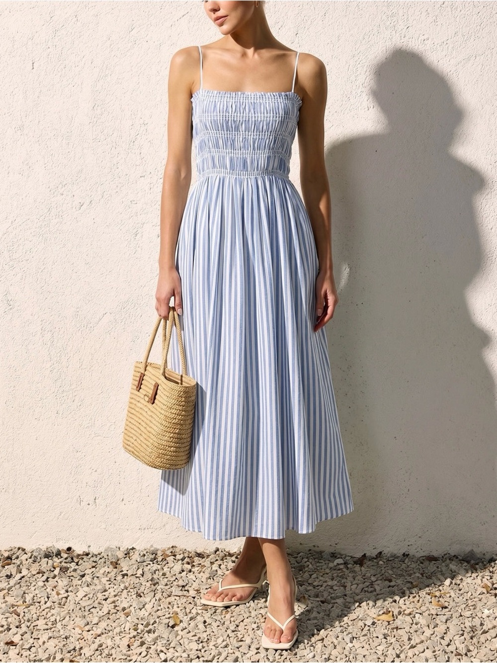 Commense Cotton Blend Blue White Striped Smocked Cami Midi Resort Dress M